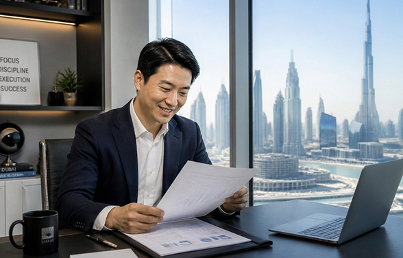 a men reviewing document smiling
